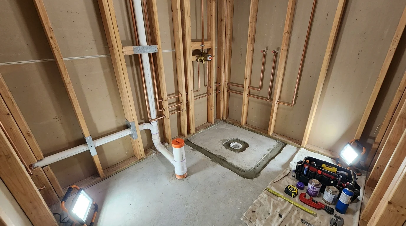 Bathroom rough-in plumbing during remodel by Johns Plumbing LLC in Tujunga