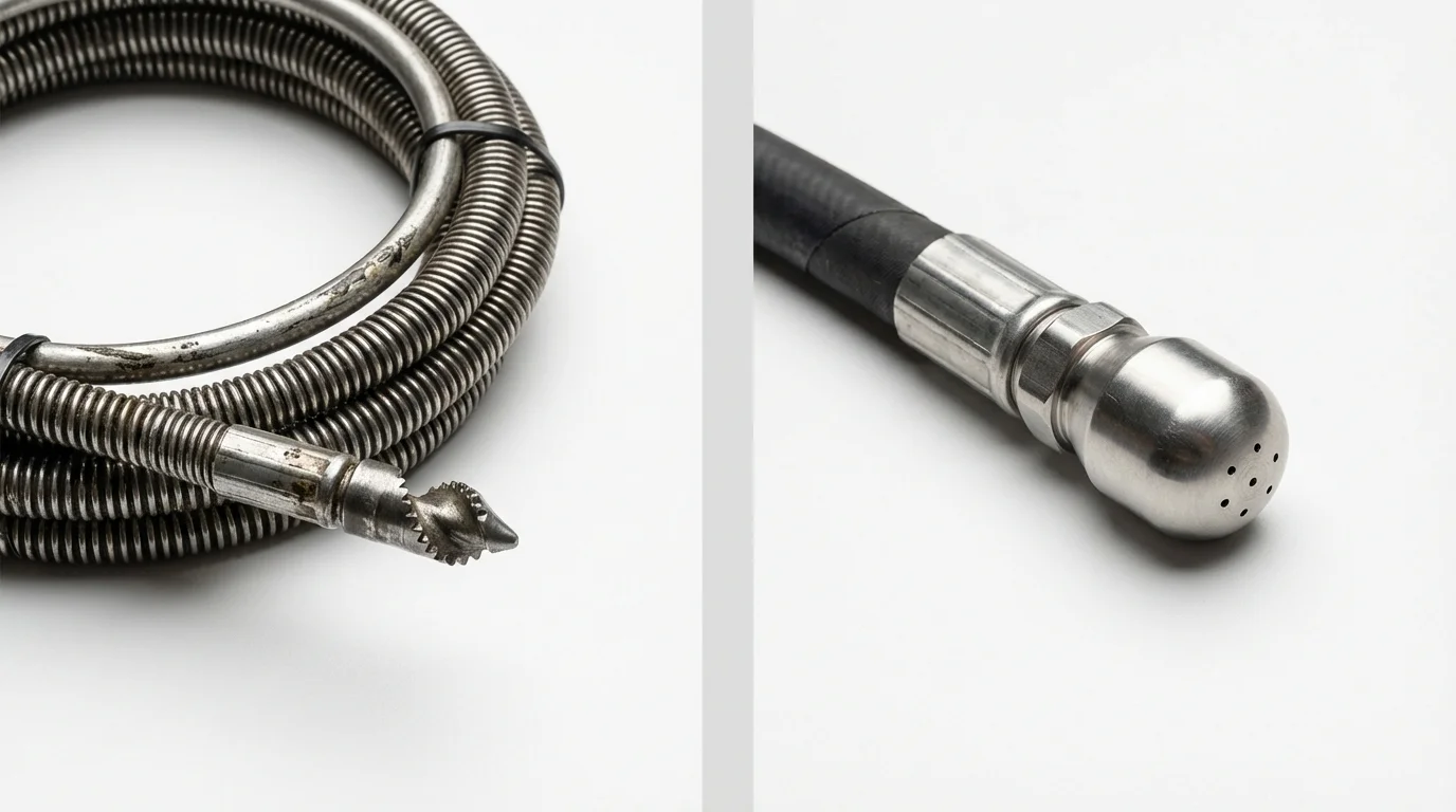 Drain snake cable and hydro jetting nozzle used for drain cleaning in Tujunga, CA