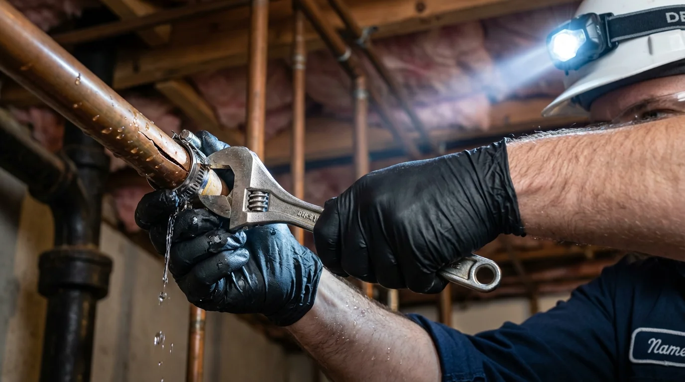 Emergency pipe clamp repair being performed by a Johns Plumbing LLC plumber in Tujunga