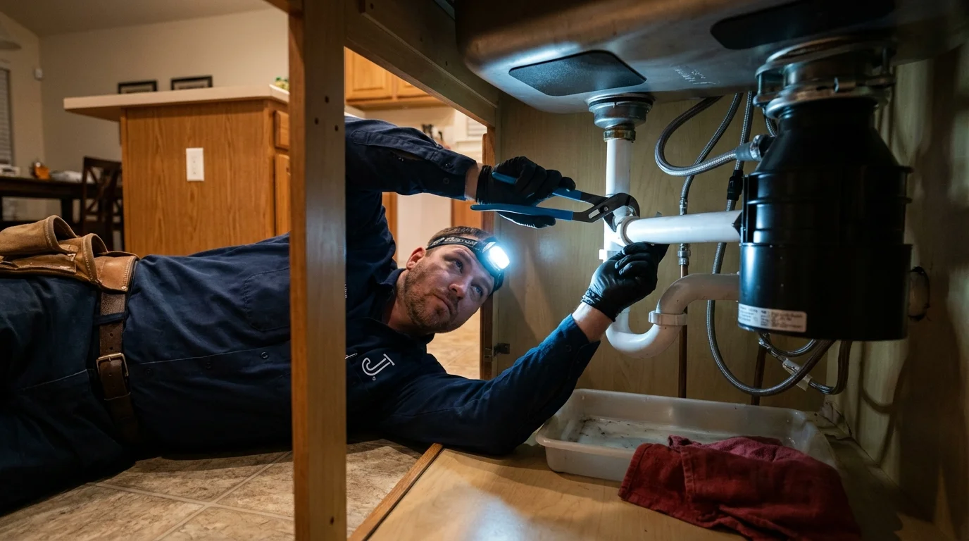 P-trap and supply line connections under a kitchen sink showing a common leak point in Tujunga, CA